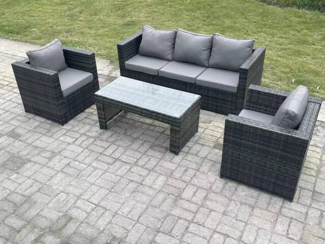 Fimous Lounge Rattan Sofa Set Outdoor Garden Furniture 2 Chairs Rectangular Coffee Table in Dark Grey - image 1