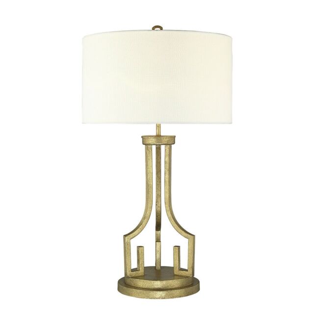 Loops Table Lamp Grecian Key Motif Ivory Whie Linen ShadeDistressed Gold LED E27 100W