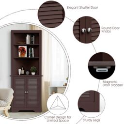 Costway Bathroom Corner Storage Cabinet Free Standing Tall Bathroom Organizer with 3 Shelves in Brown - thumbnail 3