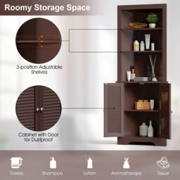 Costway Bathroom Corner Storage Cabinet Free Standing Tall Bathroom Organizer with 3 Shelves in Brown - thumbnail 5