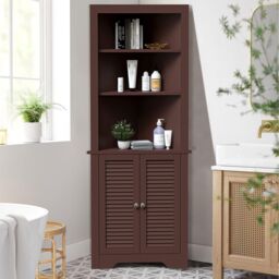 Costway Bathroom Corner Storage Cabinet Free Standing Tall Bathroom Organizer with 3 Shelves in Brown - thumbnail 2