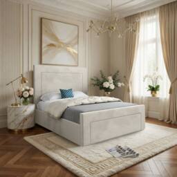 KDMD Macclesfield Upholstered Beige Soft Velvet Designer Bed Frame in Cream - Size: Double - thumbnail 1