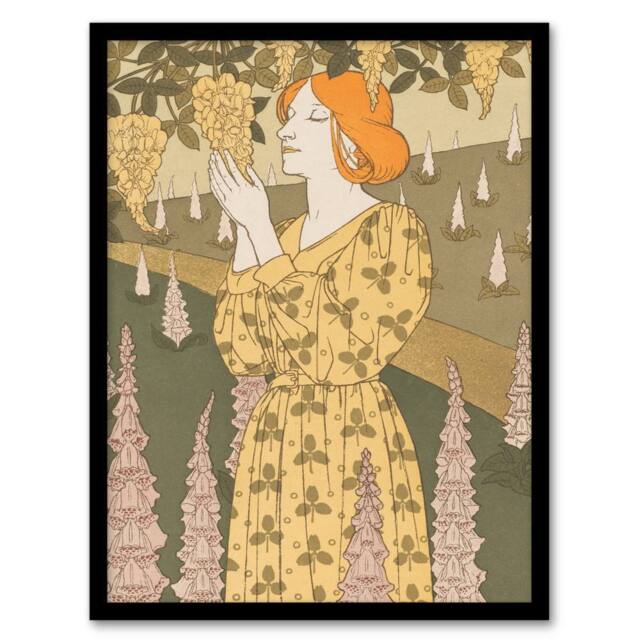 Artery8 Maurice Pillard Verneuil Framed Wall Art Print Laburnum & Foxglove in Khaki - Size: A4 - image 1