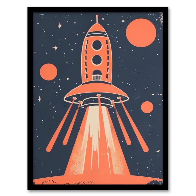 "Artery8 Red Rocket Spaceship Launch Retro Style Design Framed Art Print - Size: W12"" x H16""" - image 1