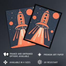 "Artery8 Red Rocket Spaceship Launch Retro Style Design Framed Art Print - Size: W12"" x H16""" - thumbnail 2