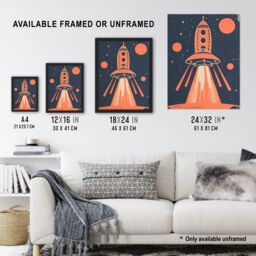 "Artery8 Red Rocket Spaceship Launch Retro Style Design Framed Art Print - Size: W12"" x H16""" - thumbnail 3