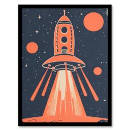 "Artery8 Red Rocket Spaceship Launch Retro Style Design Framed Art Print - Size: W12"" x H16""" - thumbnail 1