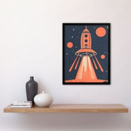 "Artery8 Red Rocket Spaceship Launch Retro Style Design Framed Art Print - Size: W12"" x H16""" - thumbnail 4
