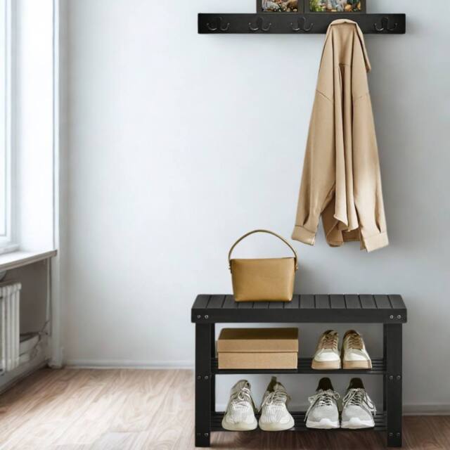 Pirlo Plush 3 Tier Bamboo Shoe Bench Rack with Coat Hooks in Black - image 1
