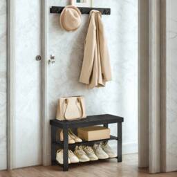 Pirlo Plush 3 Tier Bamboo Shoe Bench Rack with Coat Hooks in Black - thumbnail 3