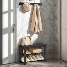 Pirlo Plush 3 Tier Bamboo Shoe Bench Rack with Coat Hooks in Black - thumbnail 5