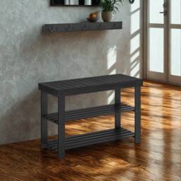 Pirlo Plush 3 Tier Bamboo Shoe Bench Rack with Coat Hooks in Black - thumbnail 4