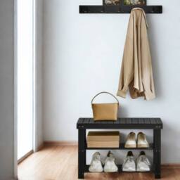 Pirlo Plush 3 Tier Bamboo Shoe Bench Rack with Coat Hooks in Black - thumbnail 2