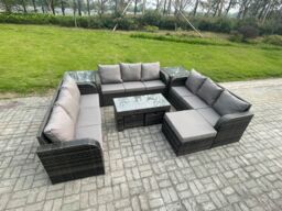 Fimous Rattan Garden Furniture Set 12 Seater Indoor Outdoor Patio Sofa Set with Coffee Table 3 Footstools 2 Side Tables Dark Grey Mixed - thumbnail 2