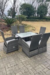 Fimous Oblong Adjustable Rattan Dining Set Table & Chair Set Outdoor Seat in Dark Grey