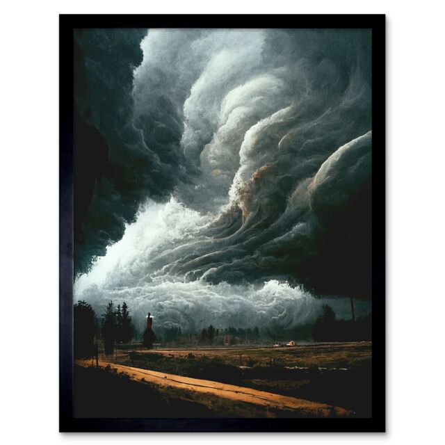 "Artery8 Wall Art Print The Storm Rolls In Oil Painting Clouds Countryside Art Framed in Black - Size: W12"" x H16""" - image 1