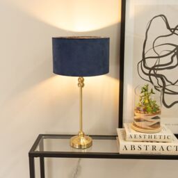 ValueLights Maggie Gold Metal Candlestick Table Lamp with Velvet Drum Shade & LED Bulb in Navy