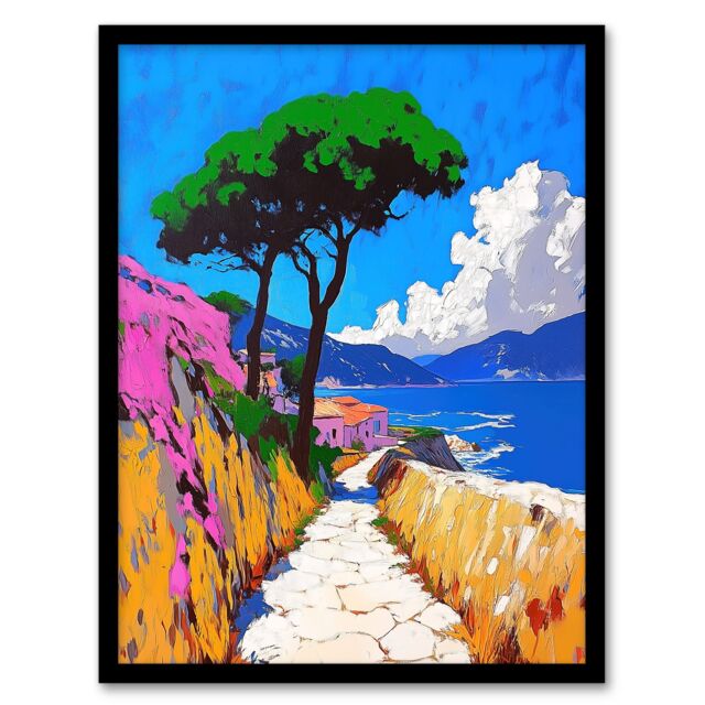 Artery8 Santorini Greece Coastal Path Colourful Landscape Framed Art Print in Blue - Size: A4 - image 1