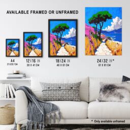Artery8 Santorini Greece Coastal Path Colourful Landscape Framed Art Print in Blue - Size: A4 - thumbnail 3