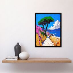 Artery8 Santorini Greece Coastal Path Colourful Landscape Framed Art Print in Blue - Size: A4 - thumbnail 4