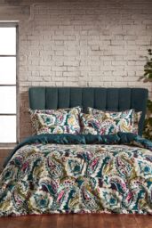 Edinburgh Weavers Aretha 200 Thread Count Paisley Premium Cotton Sateen Piped Duvet Cover Set in Teal - Size: King