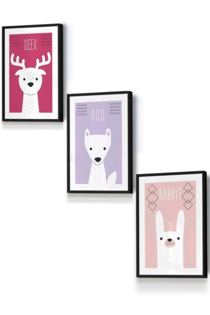 ARTZE Women's Scandi Nursery Forest Animals Pink Lilac Framed Wall Art - Small in Black - Size: W33 cm x H45 cm x D20mm - image 1