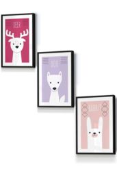ARTZE Women's Scandi Nursery Forest Animals Pink Lilac Framed Wall Art - Small in Black - Size: W33 cm x H45 cm x D20mm