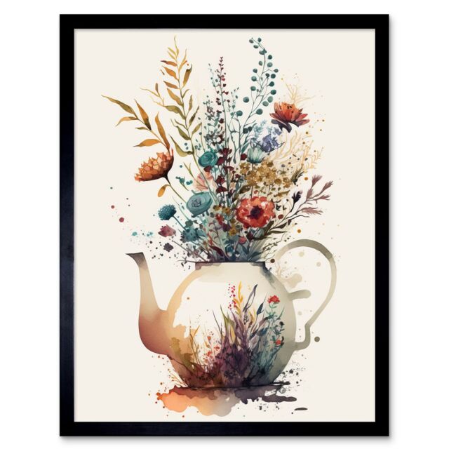 "Artery8 Wall Art Print Wildflower Bouquet Teapot Vase with Floral Design Art Framed in Black - Size: W12"" x H16""" - image 1