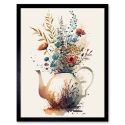 "Artery8 Wall Art Print Wildflower Bouquet Teapot Vase with Floral Design Art Framed in Black - Size: W12"" x H16""" - thumbnail 1