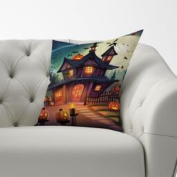 Warren Reed - Designer Spooky Halloween House Cushions in Orange - Size: 45 cm x 45 cm - thumbnail 3