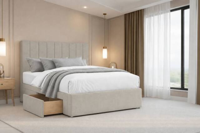 "Chester & Oakley Lunar Plush Divan Bed Base 4 Drawers - 26"" Headboard in Cream - Size: Double" - image 1