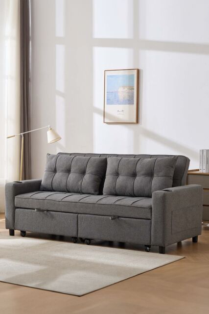 More4Homes Hudson 3-Seater Sofa Bed Linen Fabric with Cup Holders in Dark Grey - image 1