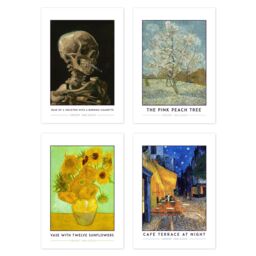 Artery8 Wall Art Print Classic Paintings Van Gogh Skeleton Cigarette Pink Peach Tree Twelve Sunflowers Café Terrace A4 Poster Pack of 4 Wall Art - thumbnail 1