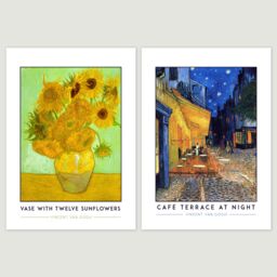 Artery8 Wall Art Print Classic Paintings Van Gogh Skeleton Cigarette Pink Peach Tree Twelve Sunflowers Café Terrace A4 Poster Pack of 4 Wall Art - thumbnail 3