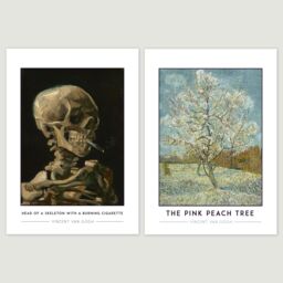 Artery8 Wall Art Print Classic Paintings Van Gogh Skeleton Cigarette Pink Peach Tree Twelve Sunflowers Café Terrace A4 Poster Pack of 4 Wall Art - thumbnail 2
