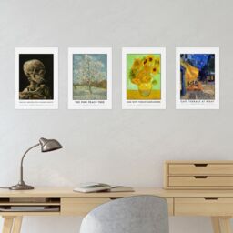 Artery8 Wall Art Print Classic Paintings Van Gogh Skeleton Cigarette Pink Peach Tree Twelve Sunflowers Café Terrace A4 Poster Pack of 4 Wall Art - thumbnail 4