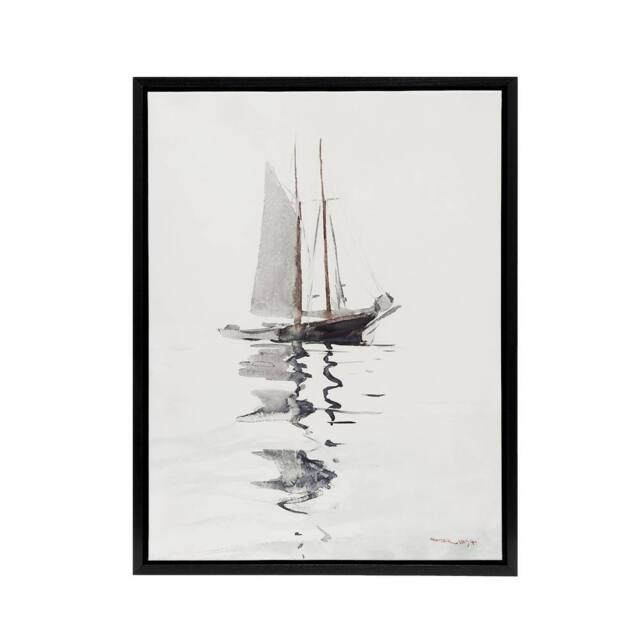 "Artery8 Two Masted Schooner with Dory Winslow Homer Framed Canvas Wall Art in White - Size: W18"" x H24""" - image 1