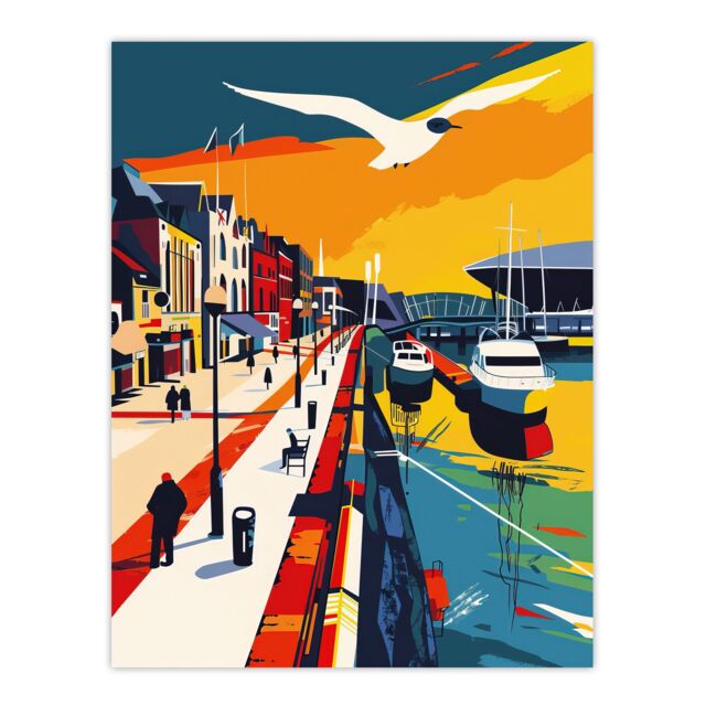 "Artery8 Bright Colourful Cardiff Bay Artwork Bold Sunset Wall Art Print - Size: W24"" x H32""" - image 1