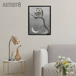 "Artery8 Long Eared Owl On Tree Branch Framed Canvas Wall Art Print Ohara Koson in Grey - Size: W12"" x H16""" - thumbnail 3