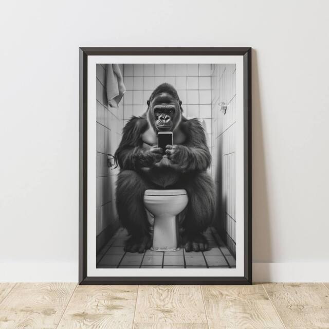 60 SECOND MAKEOVER Gorilla On The Toilet Phone Quirky Animal Print - Size: A4 - image 1