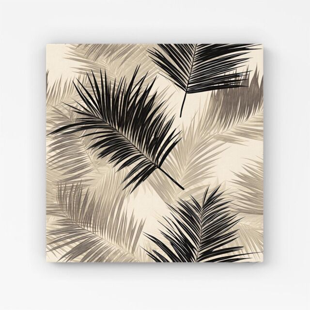 "Warren Reed - Designer Black & White Tropical Palm Leaves Canvas in Grey - Size: W16"" x H16""" - image 1