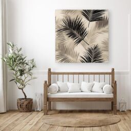 "Warren Reed - Designer Black & White Tropical Palm Leaves Canvas in Grey - Size: W16"" x H16""" - thumbnail 3