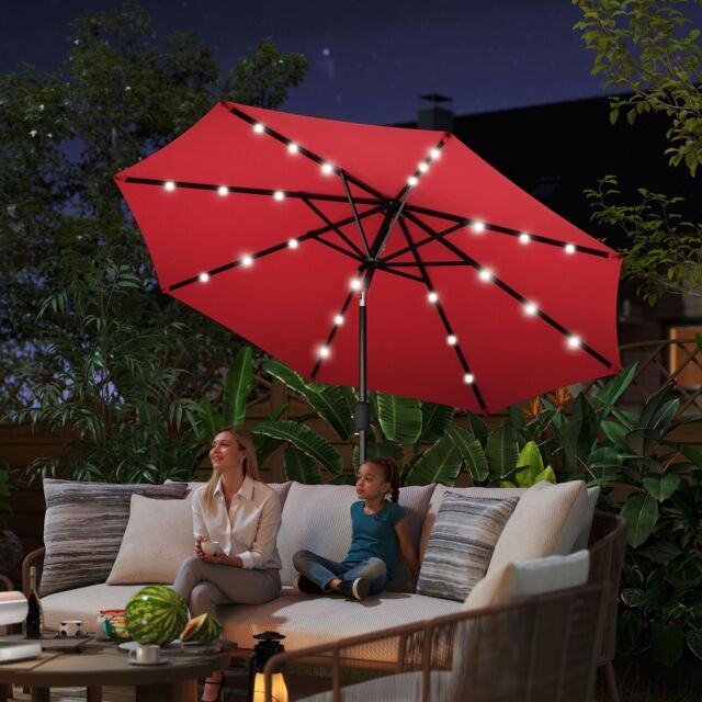 OUTSUNNY Garden Parasol Outdoor Tilt Sun Umbrella LED Light Hand Crank in Red - image 1
