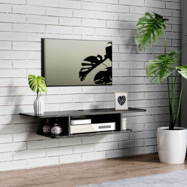 HOMCOM TV Unit Stand Wall Mount Media Console with Storage Shelf in Black - image 1
