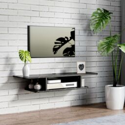 HOMCOM TV Unit Stand Wall Mount Media Console with Storage Shelf in Black - thumbnail 1