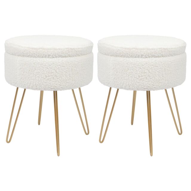 Harbour Housewares Round Boucle Storage Footstool with Hairpin Legs - H46 x D37cm - Cream - Pack of 2 in Gold - image 1