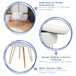 Harbour Housewares Round Boucle Storage Footstool with Hairpin Legs - H46 x D37cm - Cream - Pack of 2 in Gold - thumbnail 2