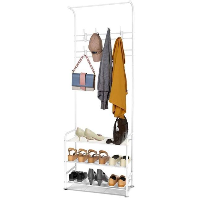 Nordara White Coat Hat Stand 8 Hooks & 3-Tier Metal Shoe Rack - image 1