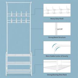Nordara White Coat Hat Stand 8 Hooks & 3-Tier Metal Shoe Rack - thumbnail 5