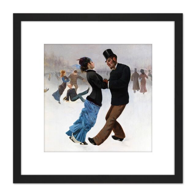 Artery8 Klinger Ice Skaters Painting 8X8 Inch Square Wooden Framed Wall Art Print Picture with Mount in Black - image 1
